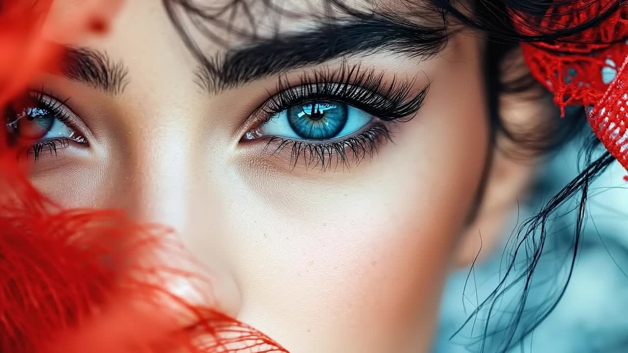 A close up of a woman's face with blue eyes and red feathers
