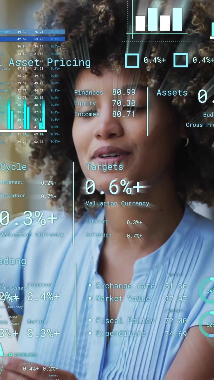 Animation of financial data processing over diverse business people in office
