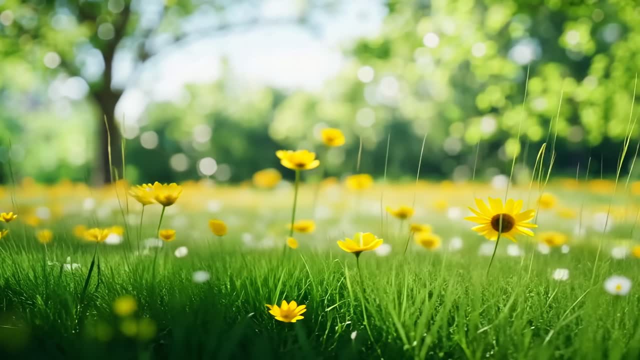 A low-angle video captures a serene meadow with yellow flowers swaying gently in the breeze, set