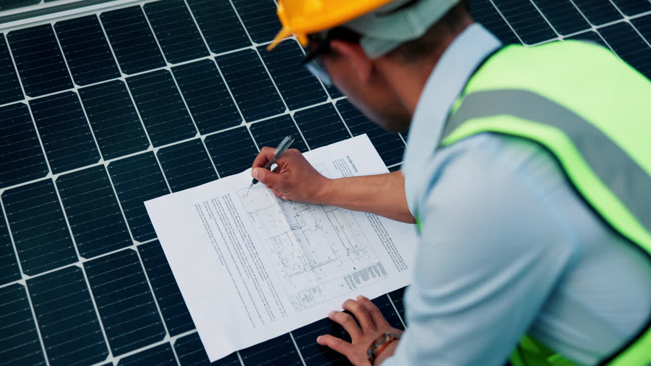 Engineer reviewing blueprints on solar panels