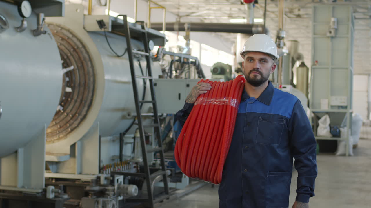 Worker Carrying HDPE Pipes and Walking through Plant Facility