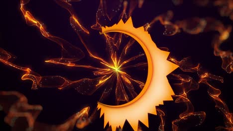Animation-of-neon-circle-with-rays-over-digital-space-with-orange-smoke