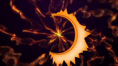 animation of neon circle with rays over digital space with orange smoke