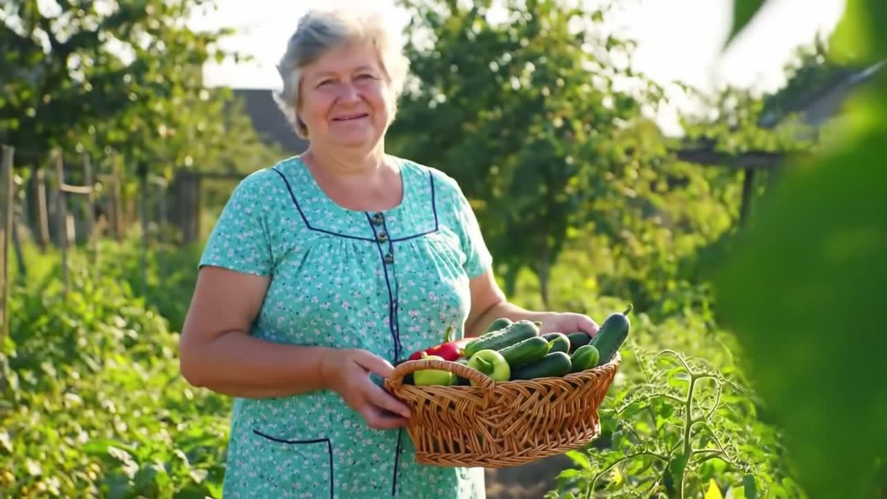 A woman enjoys a sunny day in her garden, harvesting a basket full of fresh vegetables including cucumbers, peppers, and squash. The lush greenery surrounds her, highlighting her hard work.