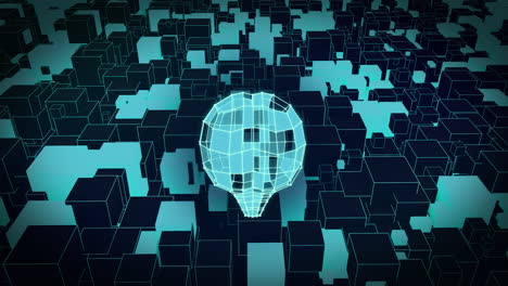 animation of blue cuboid brain rotating over moving cube background