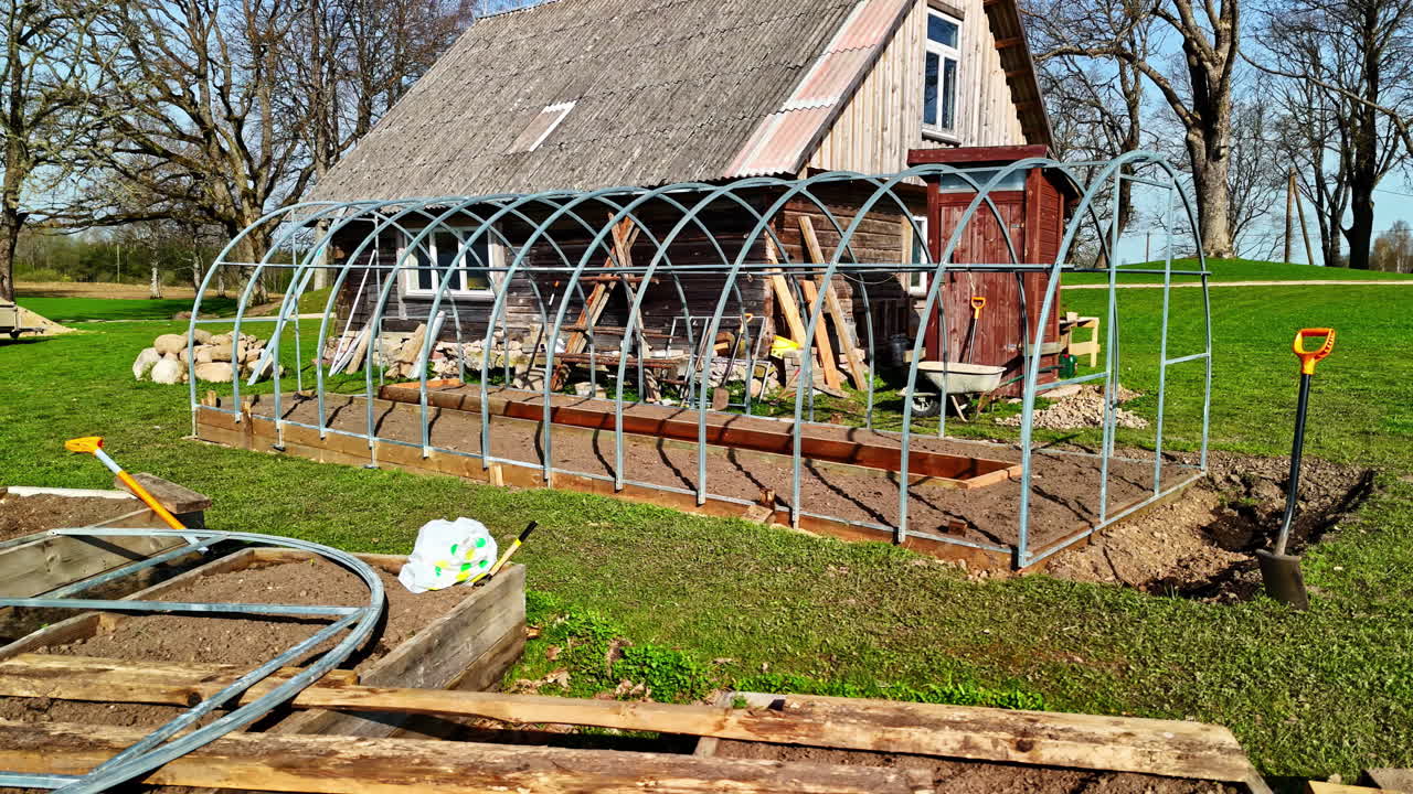 Outdoor garden greenhouse under construction DIY rural village agriculture