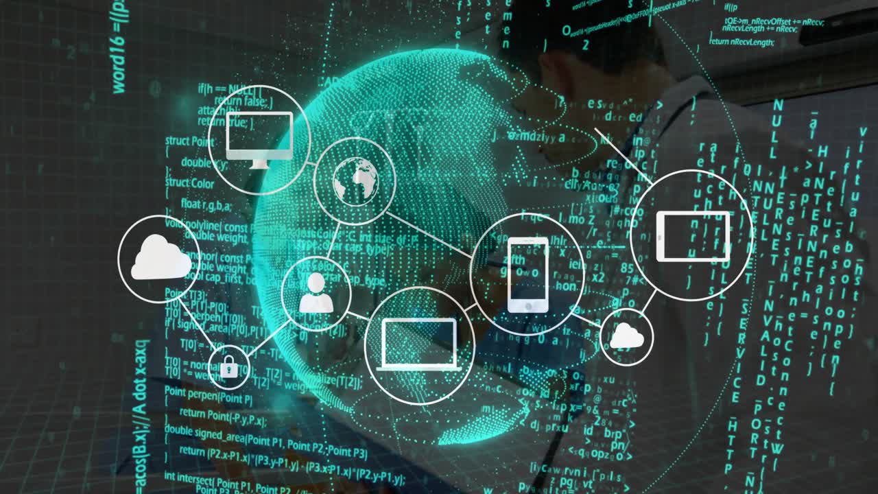 Emerging globe linking cloud lock user avatar data device chat home icons securing health data