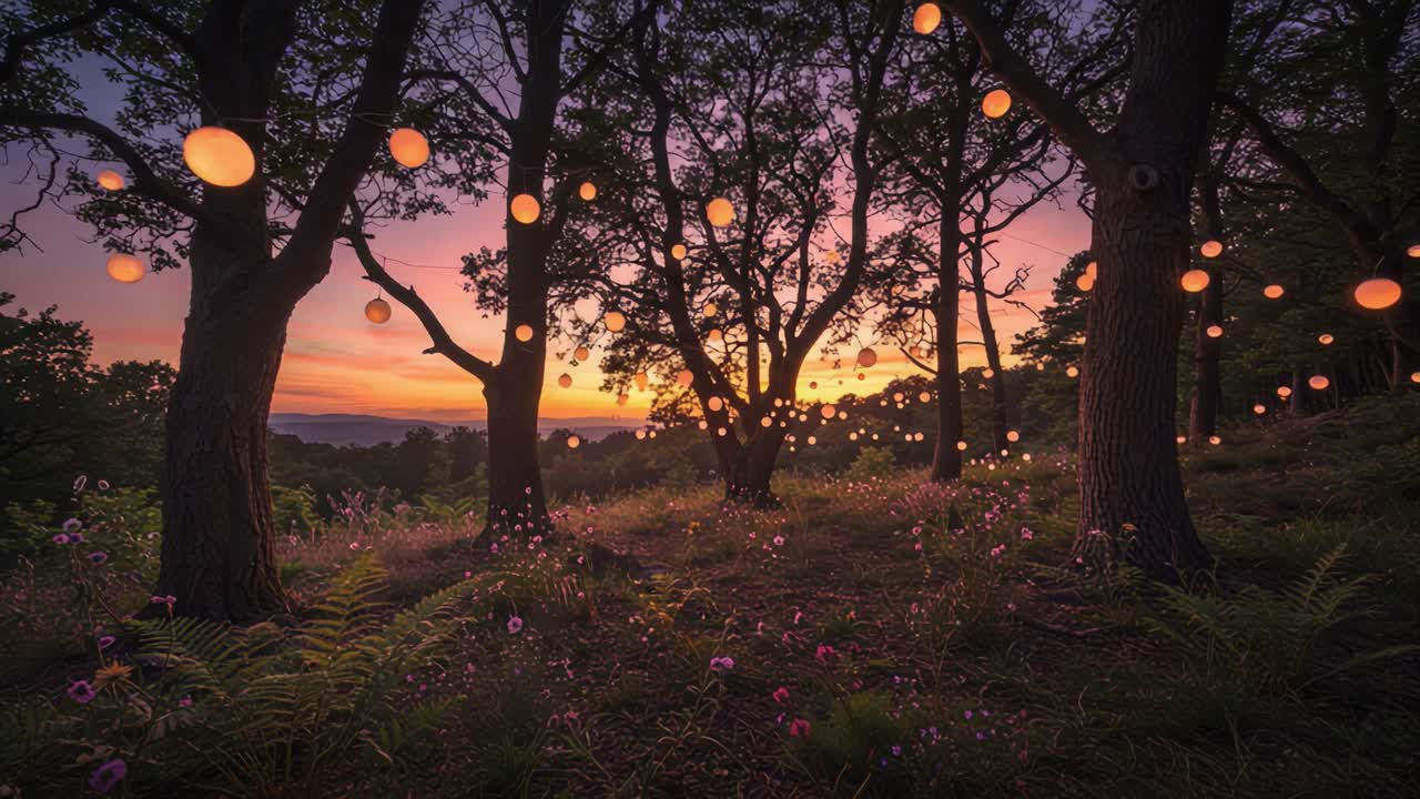 Mesmerizing Twilight Enchantment: A Serene Forest Scene Adorned with Illuminated Lanterns, Casting Warm Hues Against a Stunning Sunset Backdrop