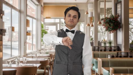 disappointed indian waiter showing thumbs down