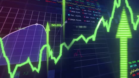 Animación-De-Flechas-Verdes,-Procesamiento-De-Datos-Financieros-Sobre-Estadísticas