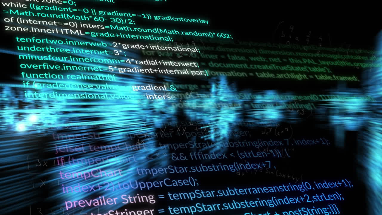 Animation of molecule structures and computer language with lens flares over black background