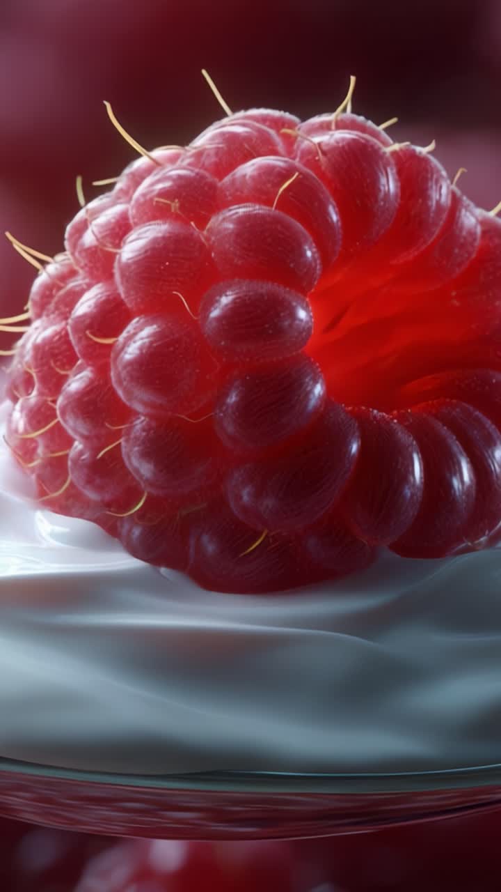 Close-up of a Fresh Raspberry on Creamy White Yogurt, Highlighting the Rich Texture and Vibrant Red Color of the Berry Against a Soft Background
