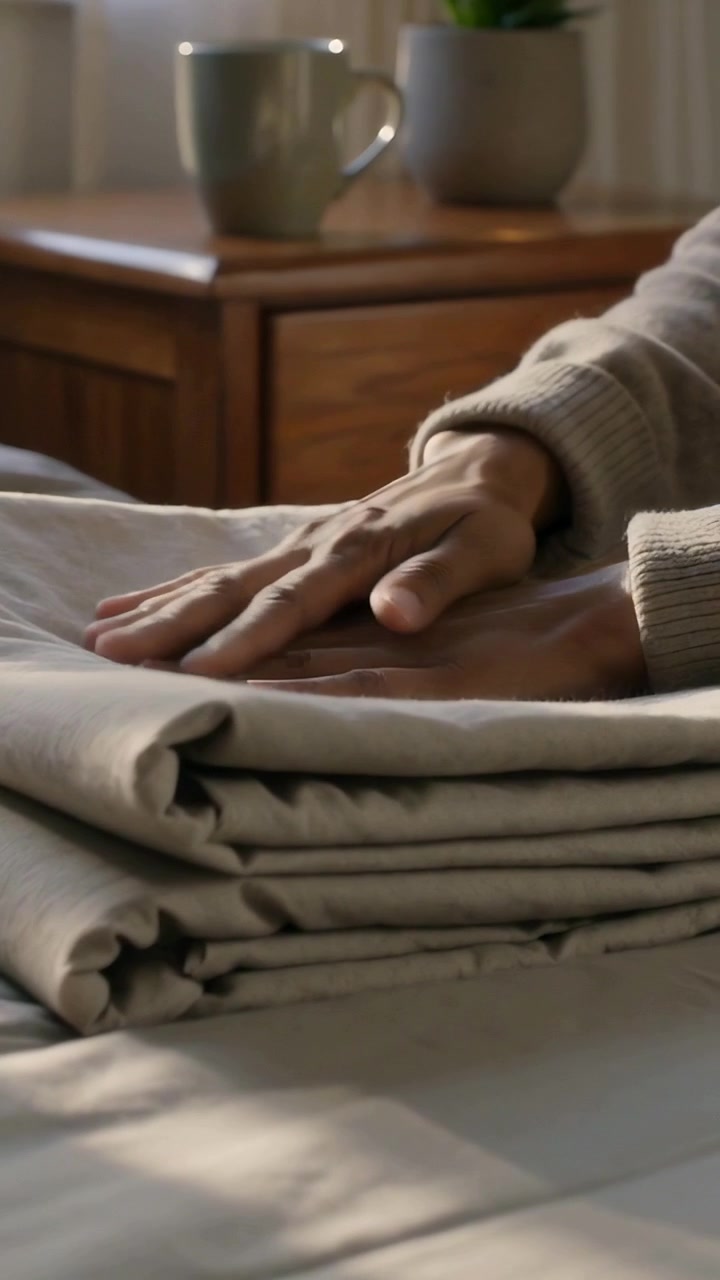 Vertical video: Placing sheet, woman in knit top smoothing beige linen by bedside table dewrinkling