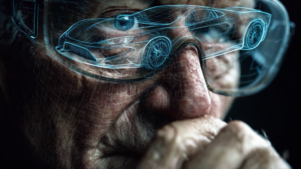 An elderly man contemplatively gazes through advanced augmented reality glasses, which project a holographic image of a futuristic sports car, showcasing a blend of technology and visionary design in his focused expression