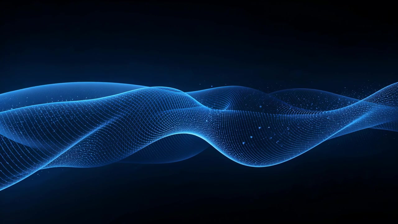 Starting luminous blue mesh undulating across navy gradient, pulsing grid and particles
