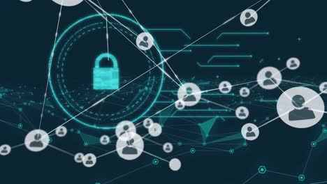 animation of network of connections with icons over digital padlock
