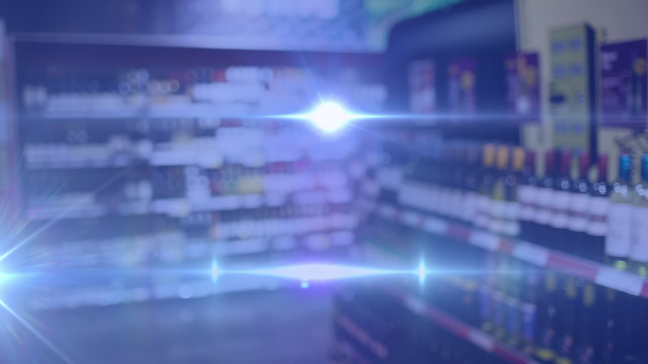 animación de luces sobre tienda de alcohol borrosa en azul