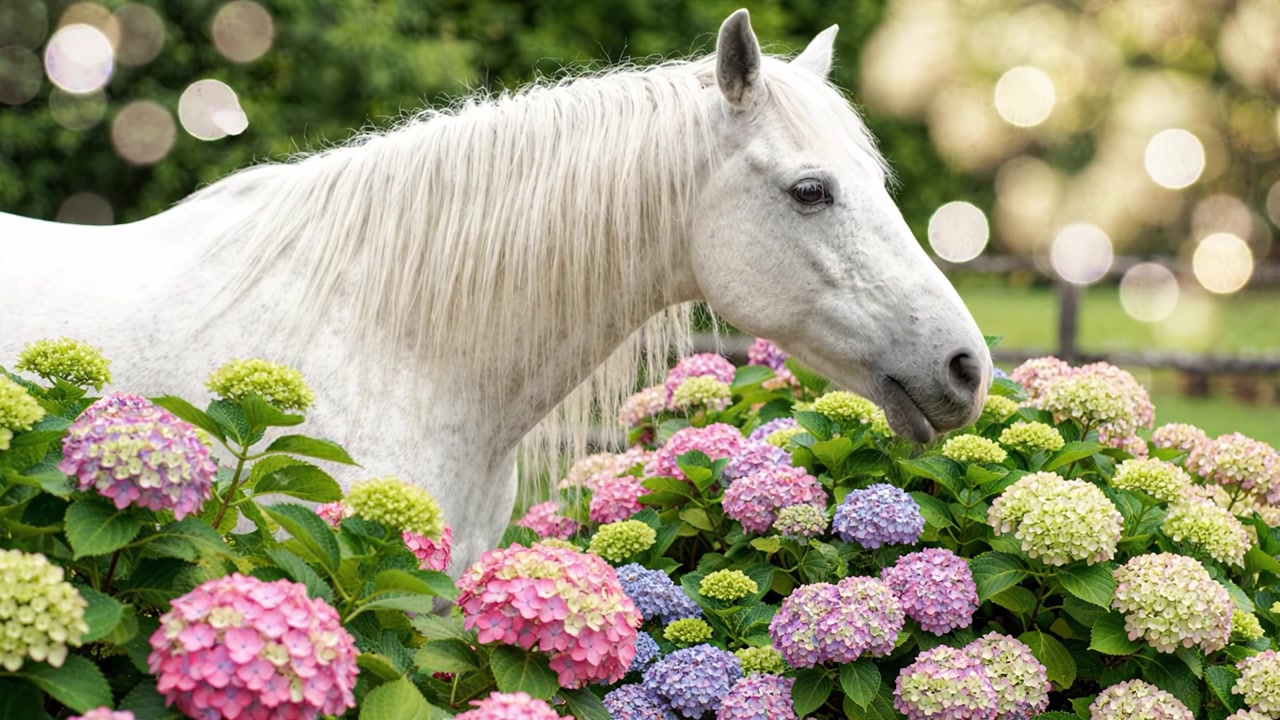 En smuk hvid hest omgivet af farverige hortensiaer i en rolig have, hvor kronblade falder blidt og skaber en fredfyldt atmosfære af naturens lyksalighed.