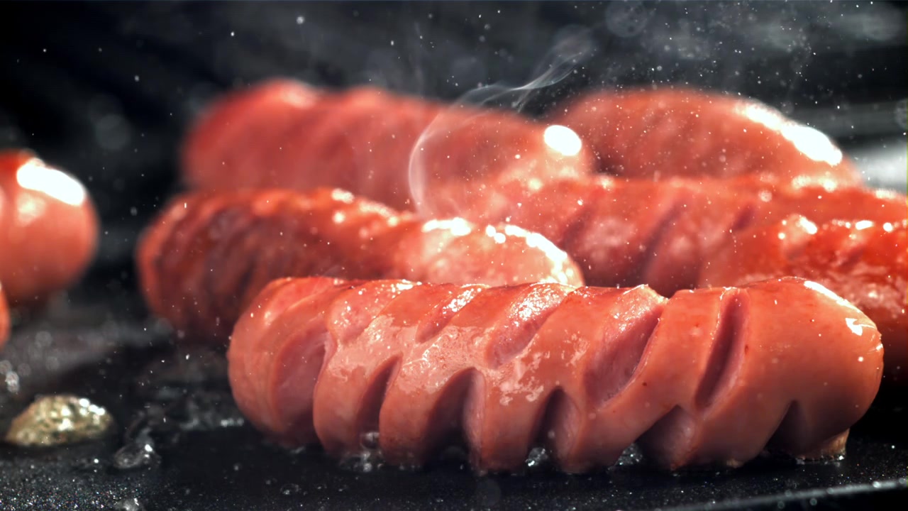 Deliziose salsicce che sfrigolano su una padella calda con vapore