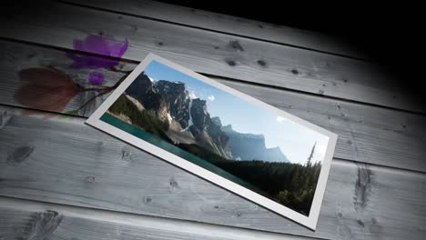 Photograph-of-landscape-with-woods-and-mountains-against-floral-print-on-wooden-background