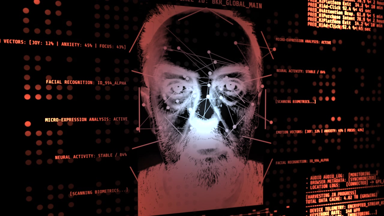 A high-tech biometric interface conducts 3D facial recognition scans and psychological profiling. Ideal for projects highlighting surveillance, cyber espionage, and AI data systems.
