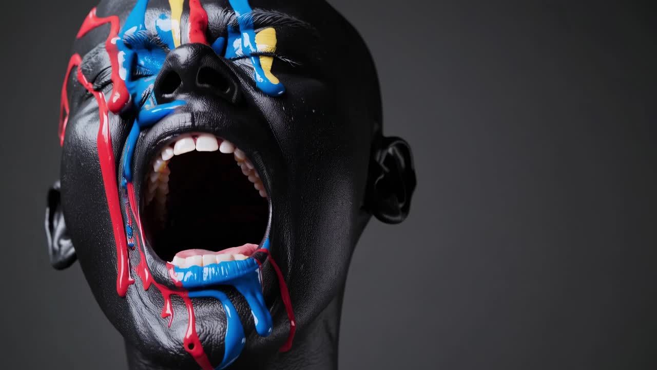 Dark haired model wearing black makeup, multicolored paint dripping across face, screaming with wide open mouth against shadowy background, embodying dramatic artistic expression