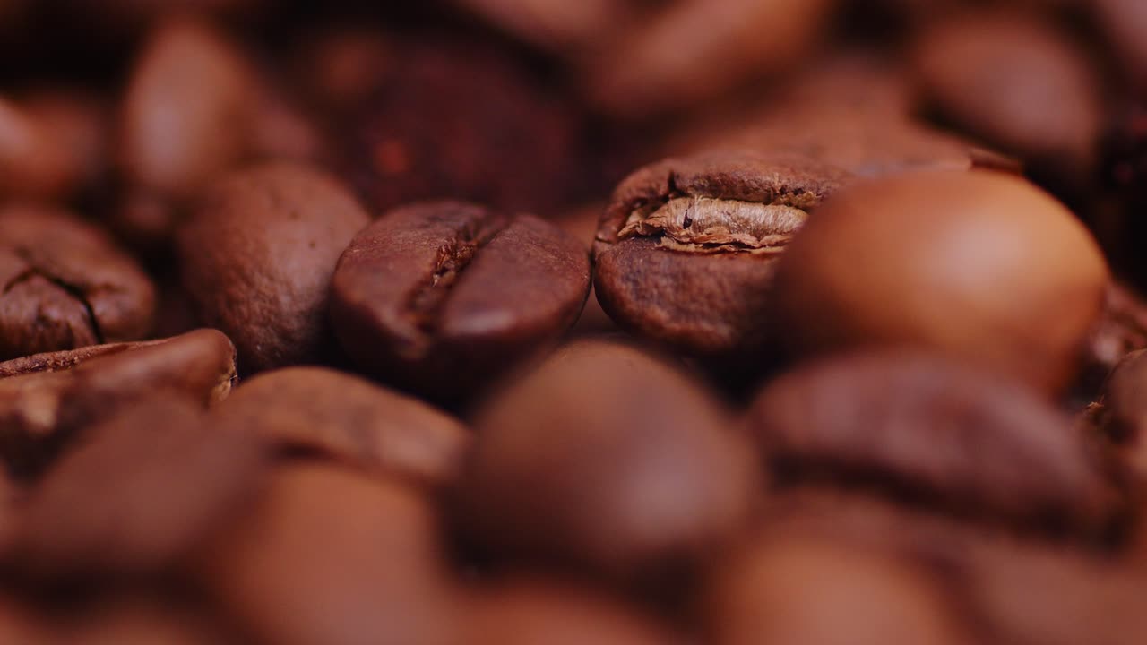 Makro nærbillede af friske ristede kaffebønner med skiftende fokus