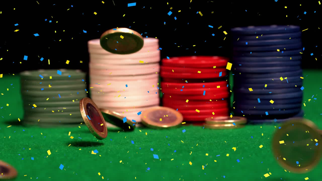 Fiches da poker circondate da monete euro e coriandoli che cadono