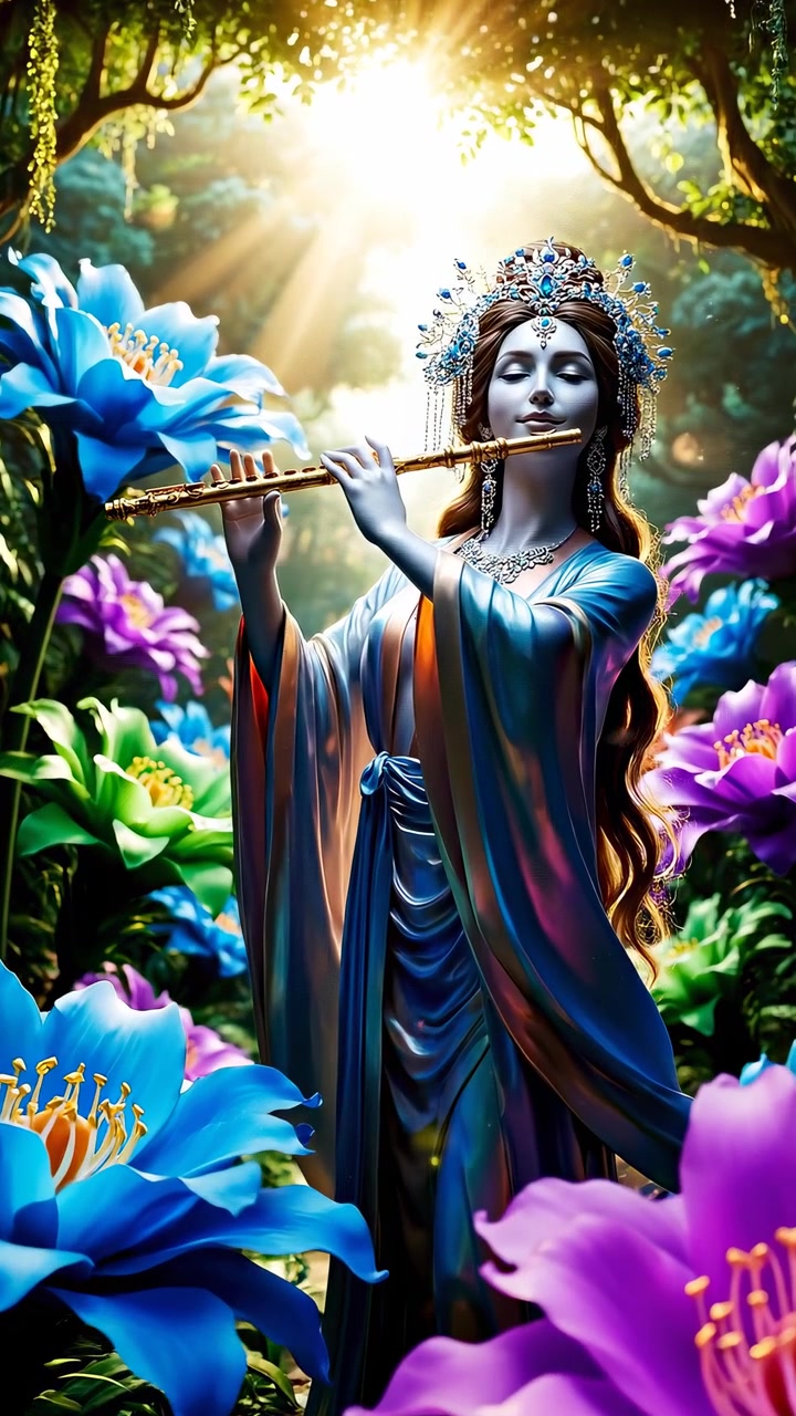 Ethereal Goddess Playing Flute in Enchanted Flower Garden