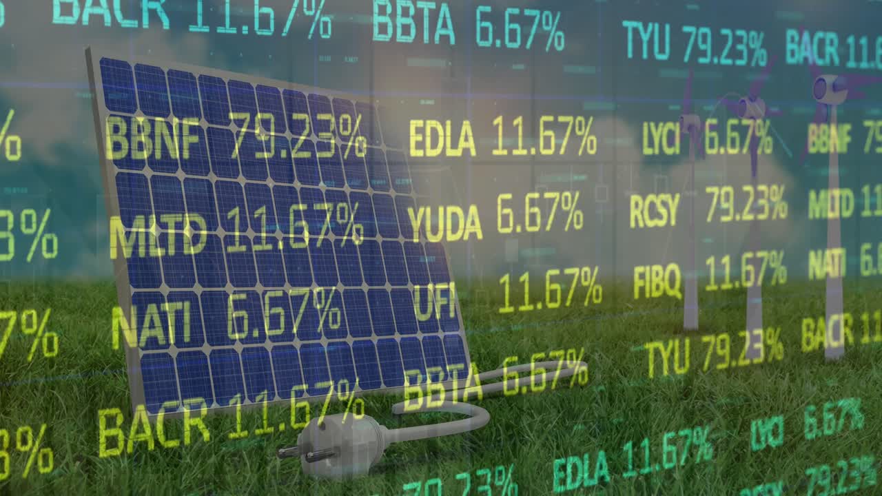 태양열 패널 위의 금융 데이터와 그래프의 애니메이션