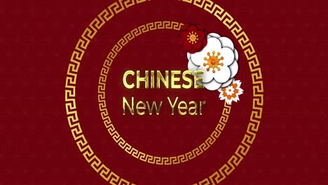 animation of new year greetings text and chinese traditional decorations on red background