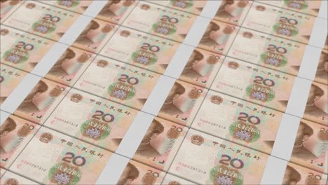 impresión de billetes de 20 renminbi chinos por una imprenta de dinero