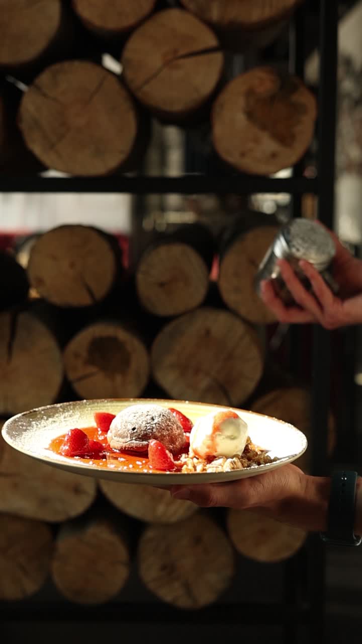 Köstliches Dessert, von einem Kellner serviert