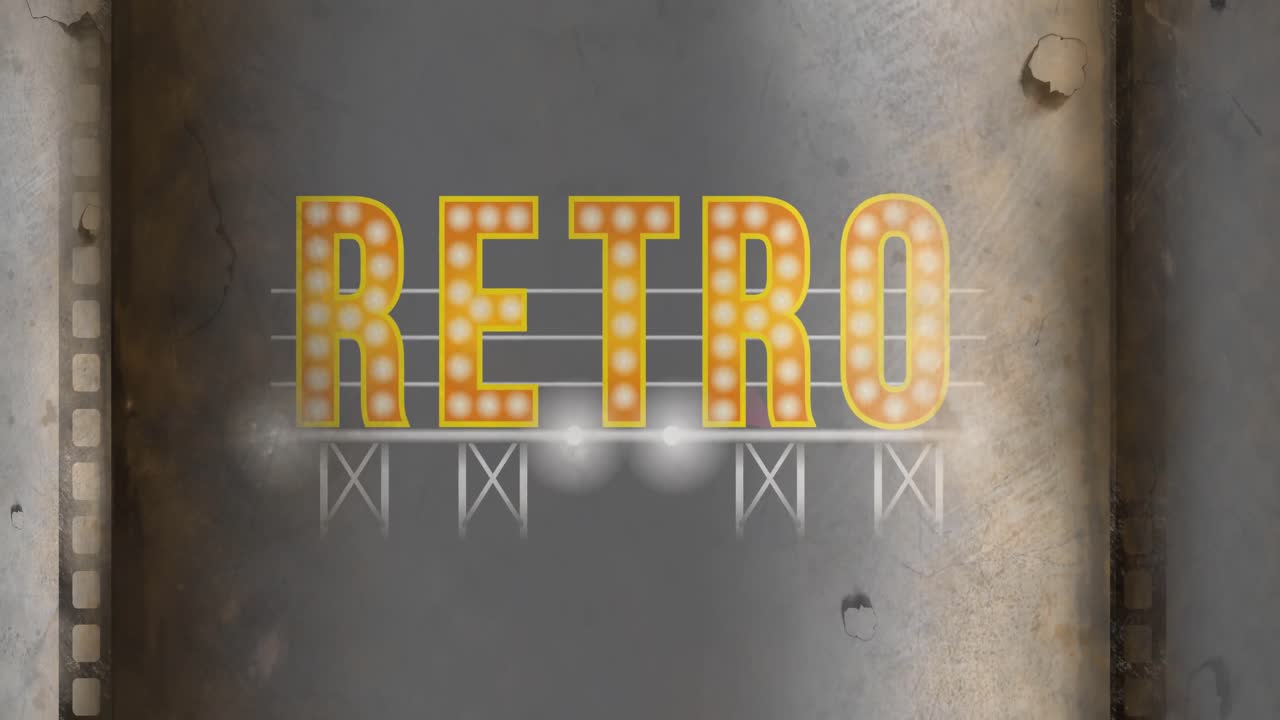 회색 금속 배경에 전구와 함께 노란색으로 레트로 빈티지 텍스트의 애니메이션