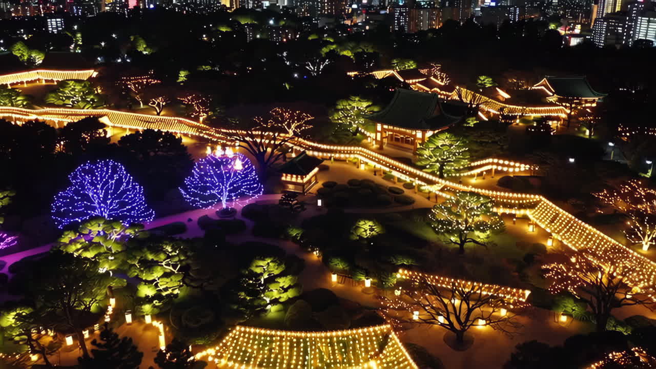 Illuminated Japanese Garden at Night