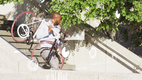 animation of data processing over african american businessman walking with bike