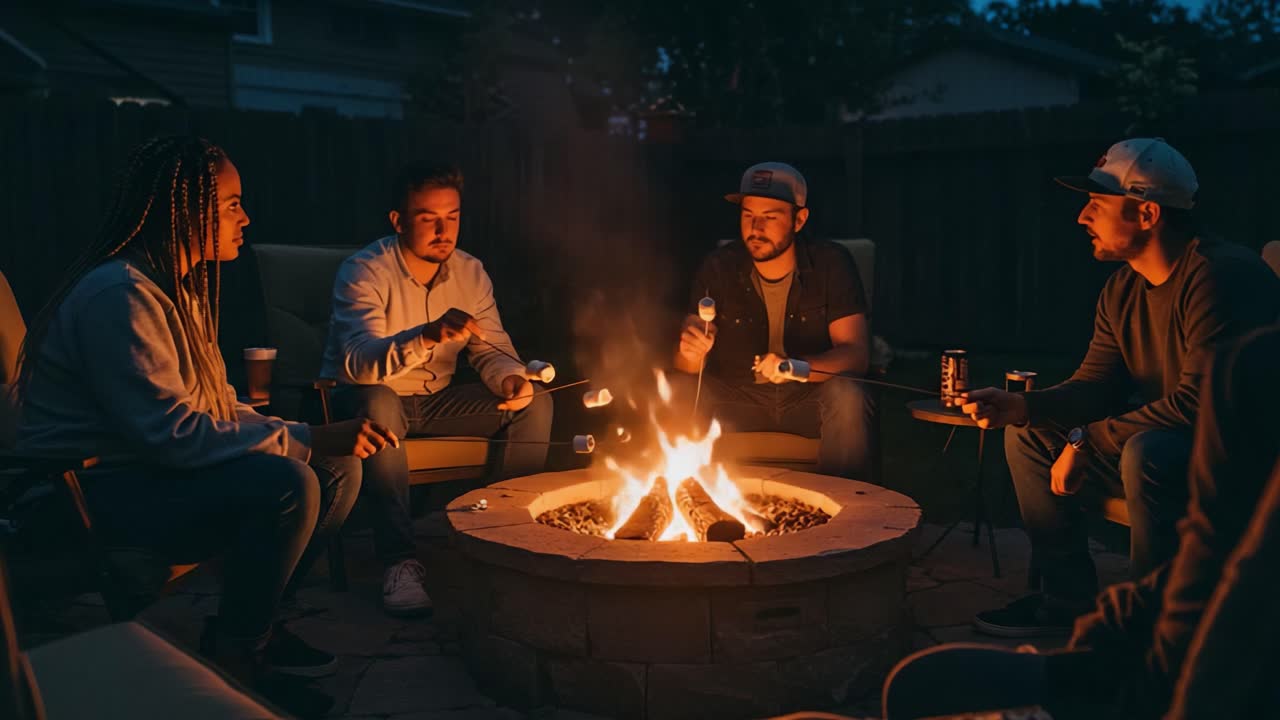Friends enjoying a night around a backyard fire pit roasting marshmallows