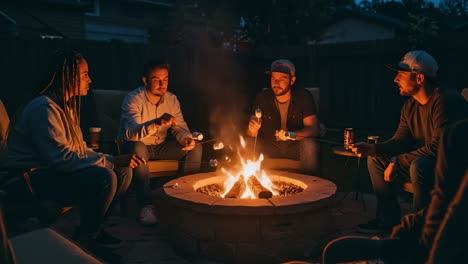 friends enjoying a night around a backyard fire pit roasting marshmallows