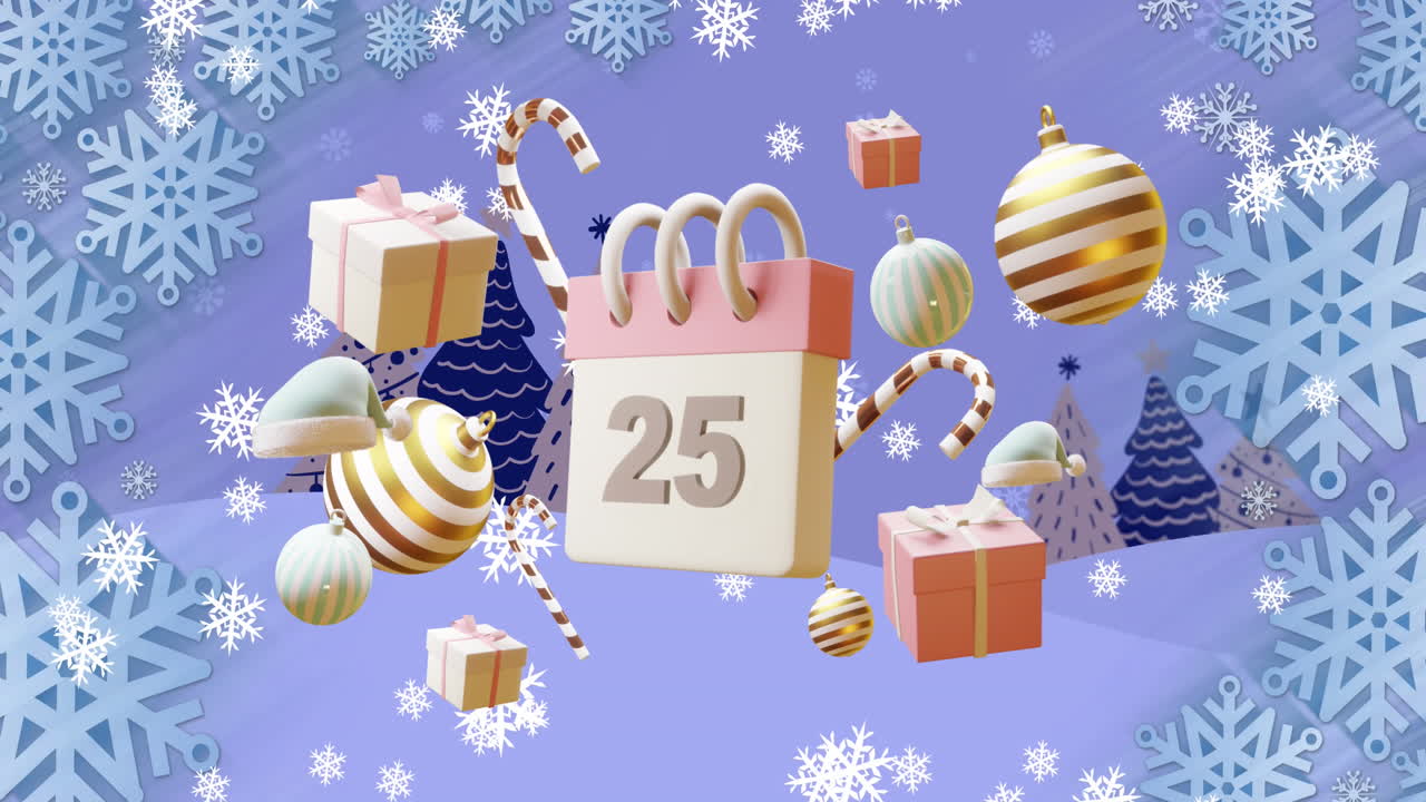 12月25日の日付とクリスマスデコレーションが描かれたカレンダーのアニメーション
