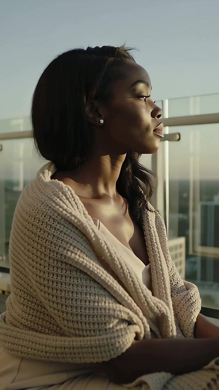 Video verticale: donna che si sistema avvolgendosi in uno scialle sul balcone al tramonto, in cerca di calore, mentre osserva lo skyline