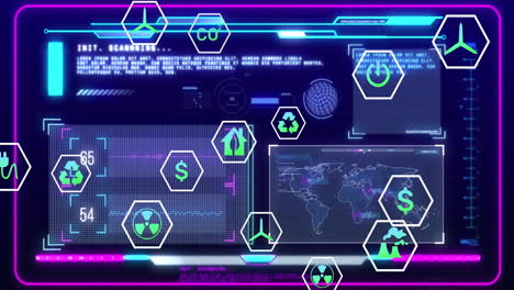 animation of ecology icons over data processing on blue background