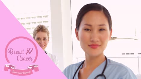 animation of pink breast cancer ribbon over two female smiling doctors