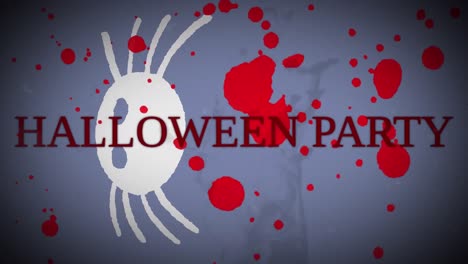 Animation-of-halloween-party-text-over-spider-and-red-blots-on-grey-background