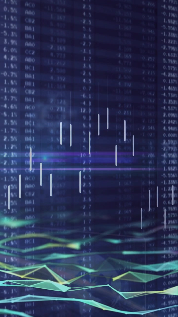 Vertical video: Data feed starting candles growing and shifting while mesh moving showing live data