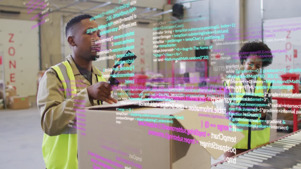 Animation of statistics and data processing over diverse people working in warehouse