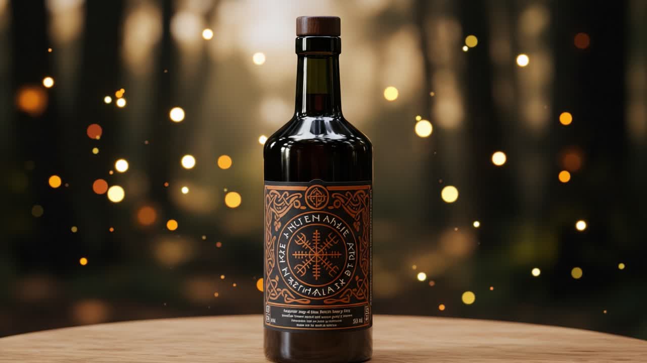 A bottle of 'Ancient Magic' energy drink with Norse-inspired runes and symbols, set against a mystical bokeh background