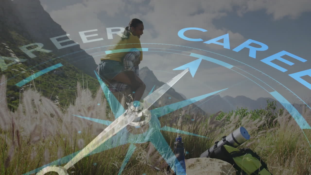 man carrying woman piggyback featuring backpack resting on rock and showing career compass overlay