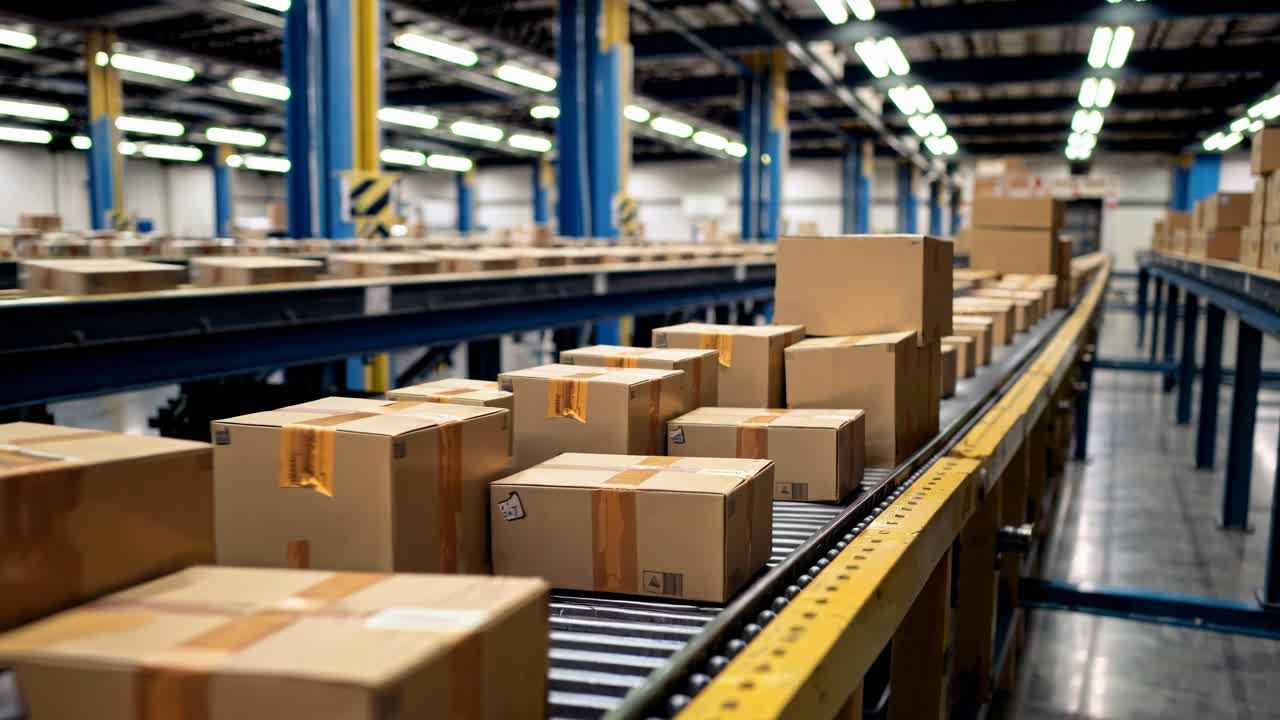Wide-angle shot of a modern warehouse with boxes on conveyor belts, capturing the efficiency