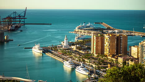 timelapse of scenic harbour with yachts docked, and smaller boats sailing around