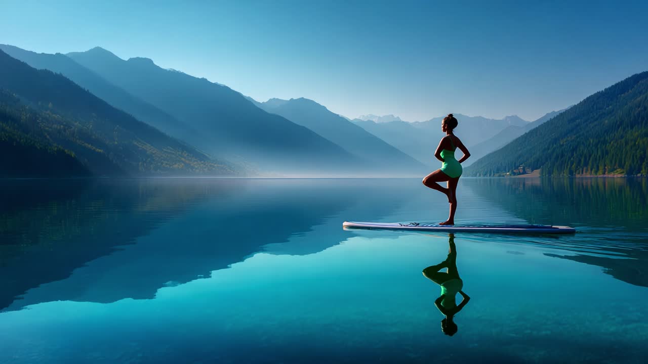 A serene paddleboard yoga pose at dawn, showcasing balance and tranquility on a calm lake with stunning mountain vista reflections in the still water